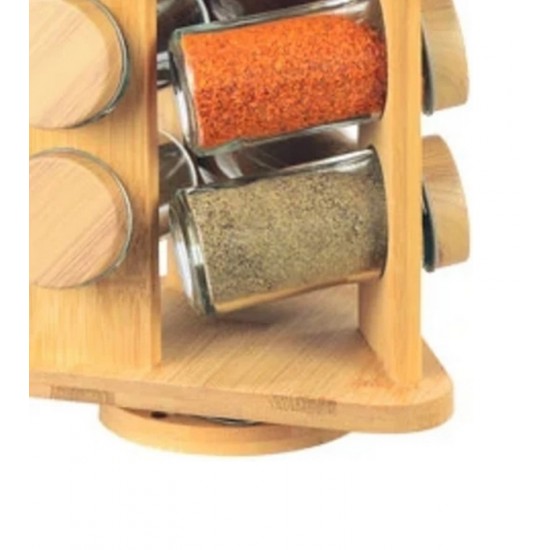 Porta Condimentos 9 Potes 70ml Em Vidro Com Suporte 24,5cm Giratório Em Bambu